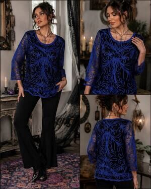 Weavz Semi Sheer Long Sleeve Blue Black Blouse Soutache Sz L Romantic
